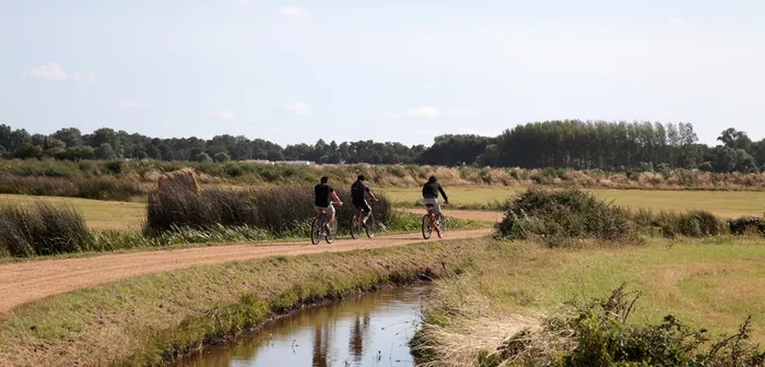 Un groupe de 3 cyclistes sur un sentier du marais breton proche de Challans en Vendée