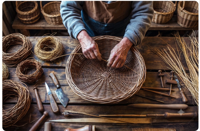 Un panier en osier en train d'être fabriquer de manière artisanale